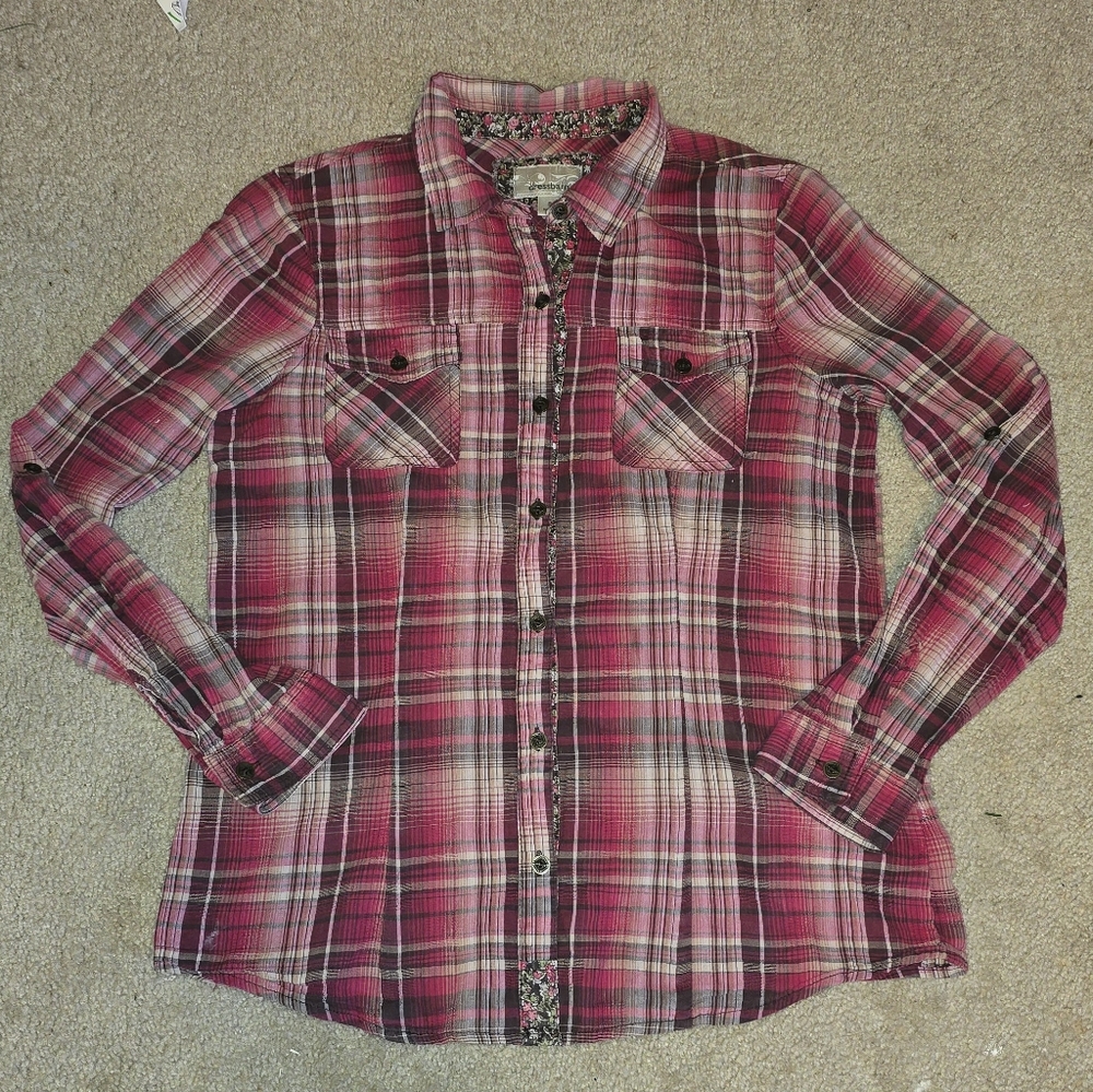 Dressbarn Women's Red, Pink, & Floral Plaid Button Up Shirt - SMALL